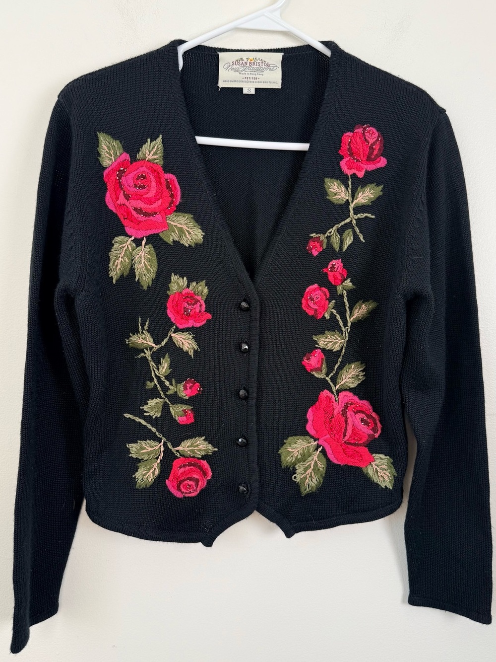 Y2K Susan Bristol Black Bolero Style Cardigan Sweater Red Rose Embroidery SP